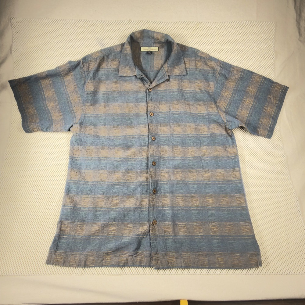 Tommy Bahama Relax‎ Mens Medium Blue Textured Stripe 100% Silk Camp Shirt